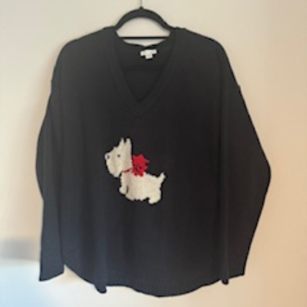 J.Jill Navy Westie Dog Sweater v-neck red yak hair wool pullover Size M